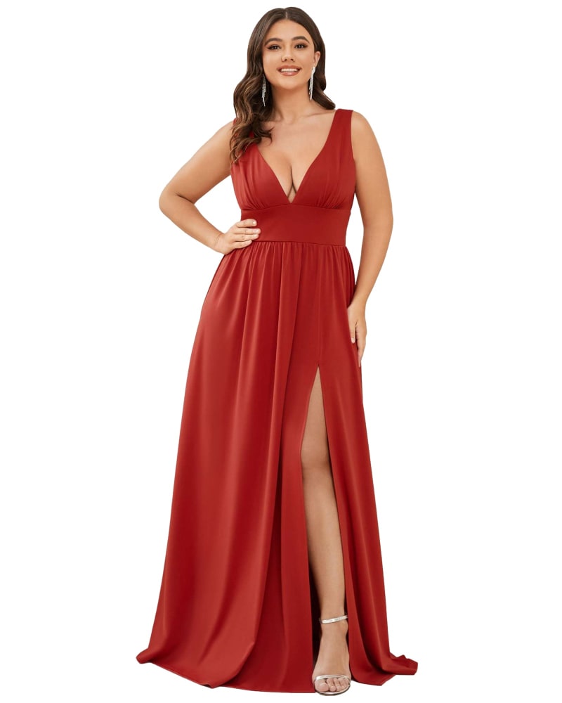 Front of a model wearing a size 14 Sleeveless V-Neck Empire Waist High Slit Floor-Length Evening Dress in Vermilion by Ever-Pretty. | dia_product_style_image_id:295593